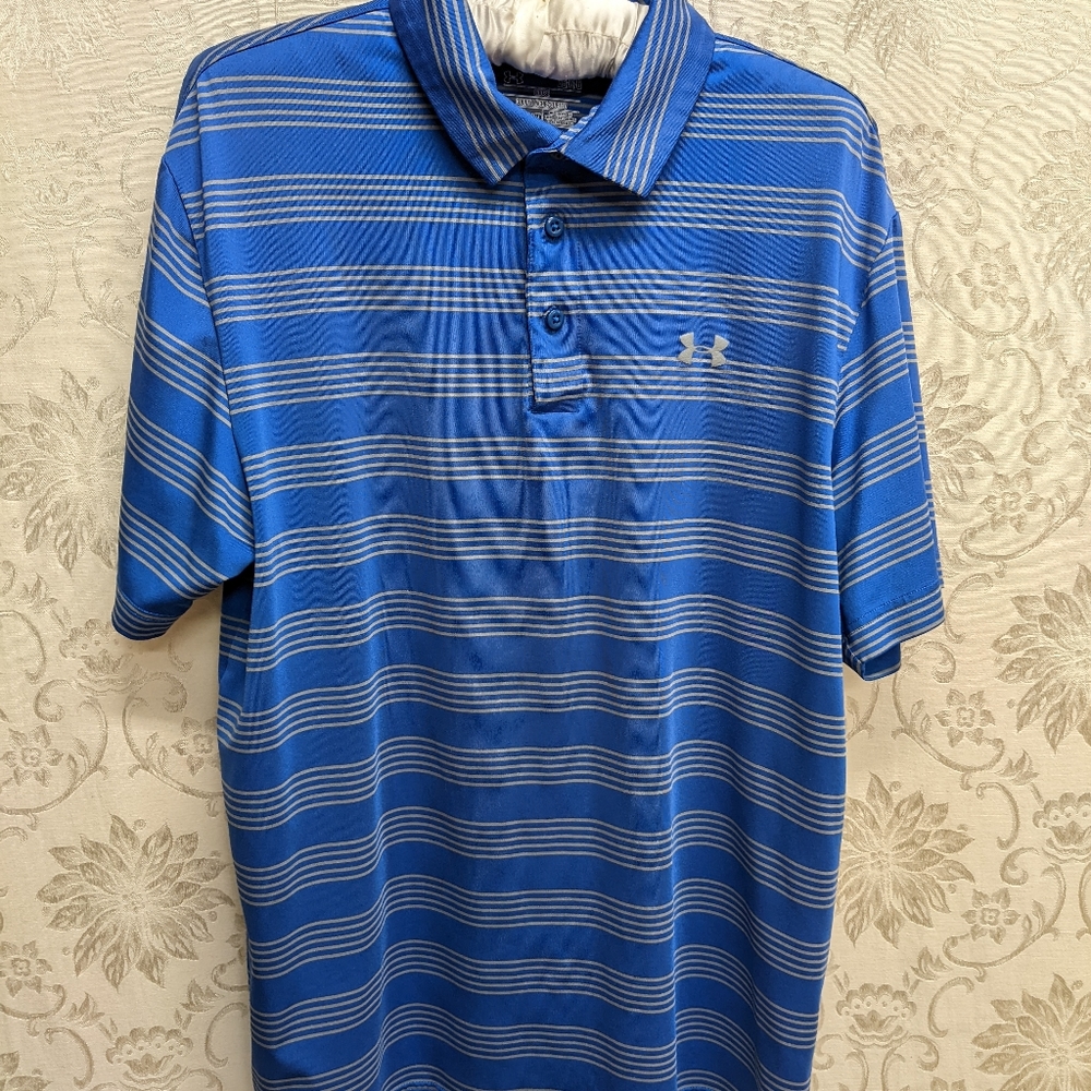 Under Armour Blue & White Stripe Polo Loose Fit Size L